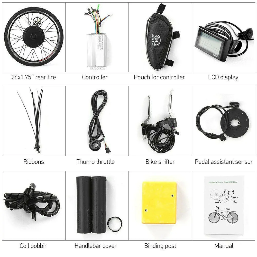 26x1.75'' Electric Bike Conversion Kit Bike Rear Wheel Hub Motor Kit 48V 1000W Powerful E-Bike LCD Display Motor Kit Brushless Controller PAS Signal Light Bike Brake Sensor Kit