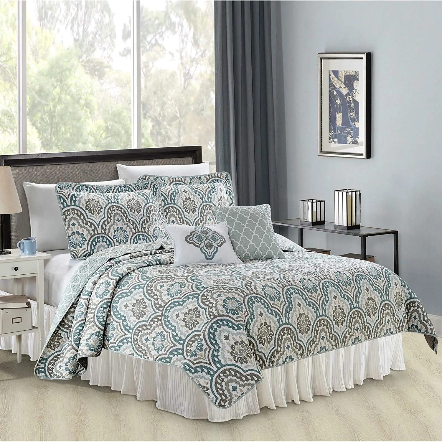 5 Piece Teal Aqua Printed Bed Cover Quilt Blanket Cotton Polyester Filled Embroidery Pillow Set