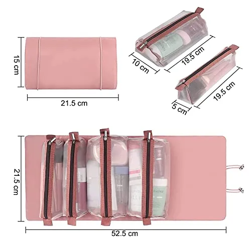 Ambiger Makeup Pouch for Women | Roll Up Makeup Hanging Bag | Folding Travel Toiletry Bag with 4 Compartments | Detachable Cosmetic Organizer (Pink)