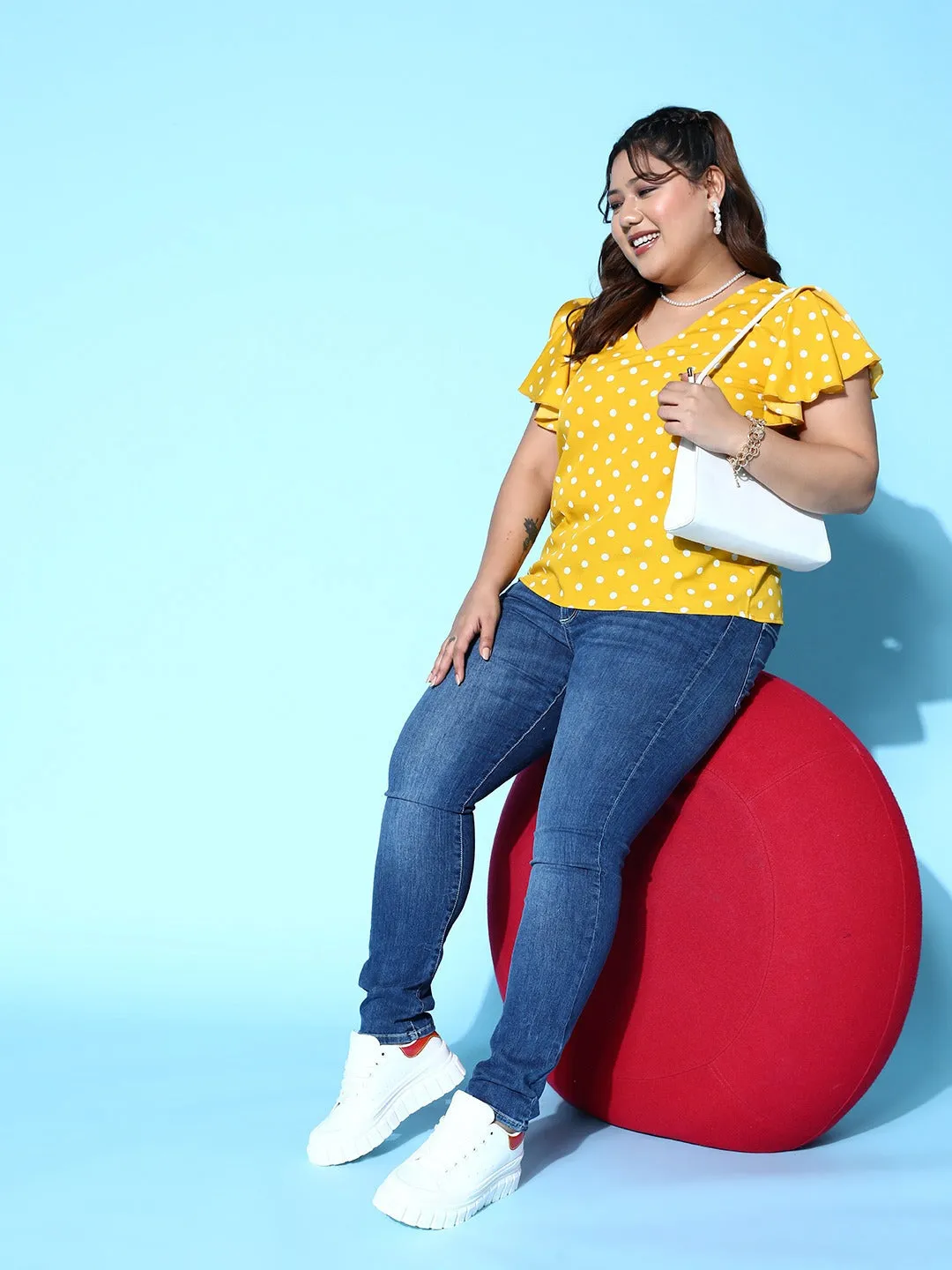 Berrylush Women Plus Size Yellow & White Polka Dot Printed V-Neck Flutter Sleeve Crepe Regular Top