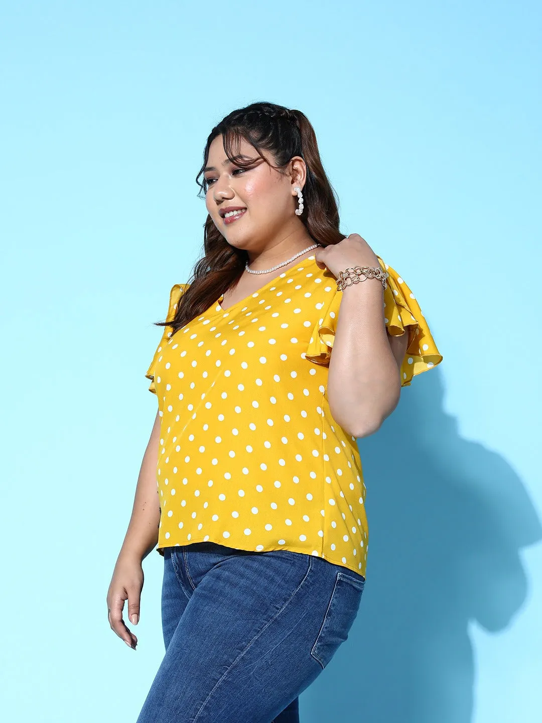 Berrylush Women Plus Size Yellow & White Polka Dot Printed V-Neck Flutter Sleeve Crepe Regular Top