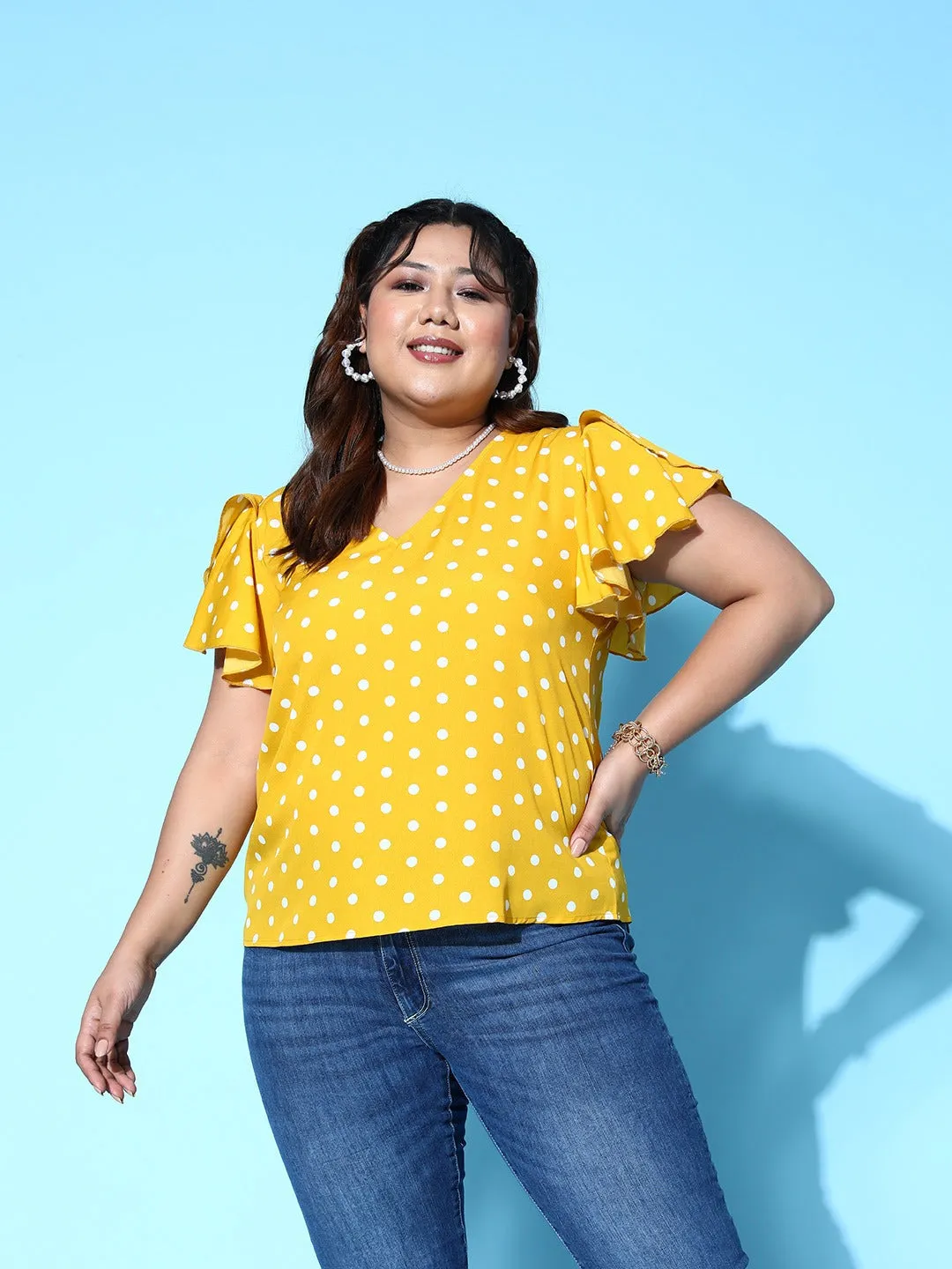 Berrylush Women Plus Size Yellow & White Polka Dot Printed V-Neck Flutter Sleeve Crepe Regular Top