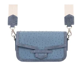 Caia Crossbody in French Blue Jean Ostrich & Clemaris Ostrich Leg Trim by Cape Cobra