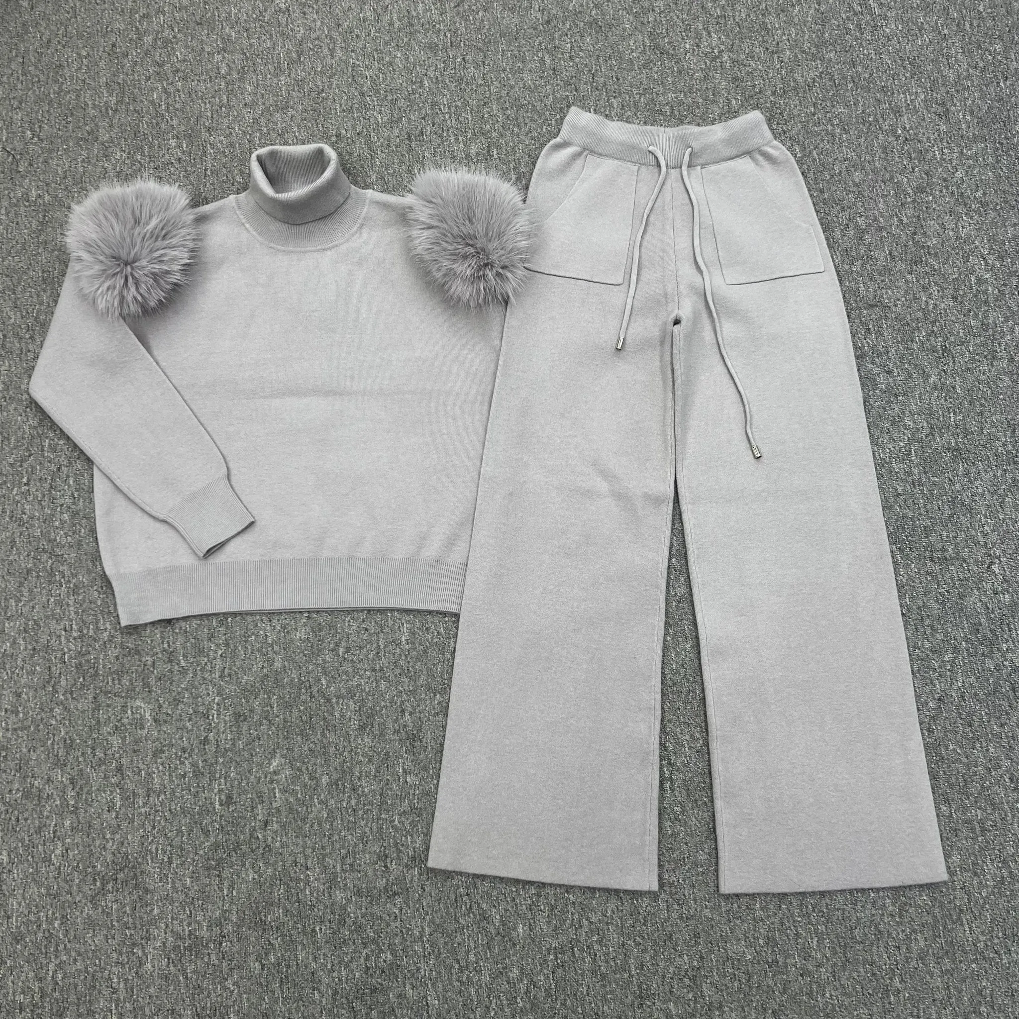 Childrens Light Grey Premium Faux Fur Wide Leg Tracksuit