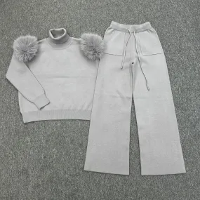 Childrens Light Grey Premium Faux Fur Wide Leg Tracksuit