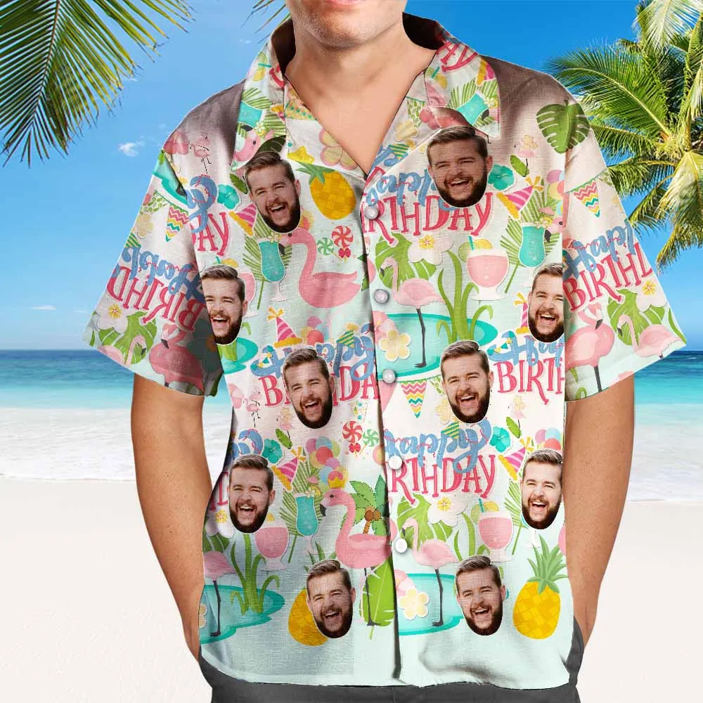 Custom Happy Birthday Hawaiian Shirt Flamingo Party Personalised Face Shirt