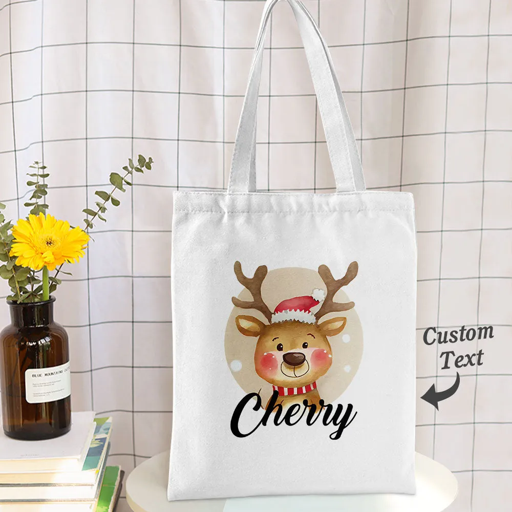 Custom Name Christmas Tote Bag, Christmas Deer Kids Gift Bag, Christmas Present Tote Bag, Christmas Family Gift Tote Bag, Holiday Gift Totes