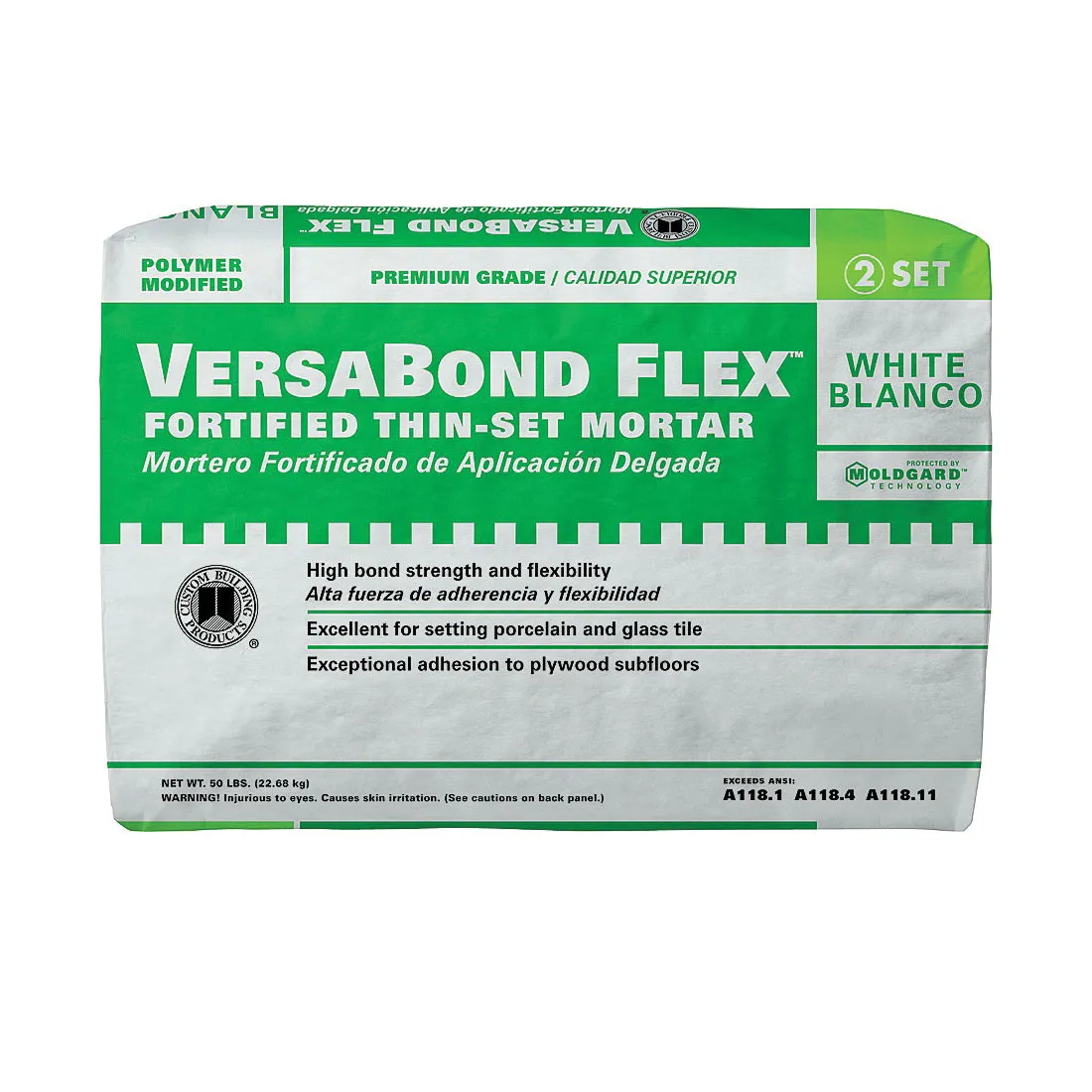 CUSTOM VersaBond Flex Series VBFW50 Thin-Set Mortar, White, Powder, 50 lb Bag