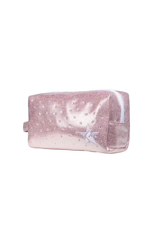 Faux Suede in Pink Champagne with Crystal Scatter Rebel Makeup Bag with White Zipper