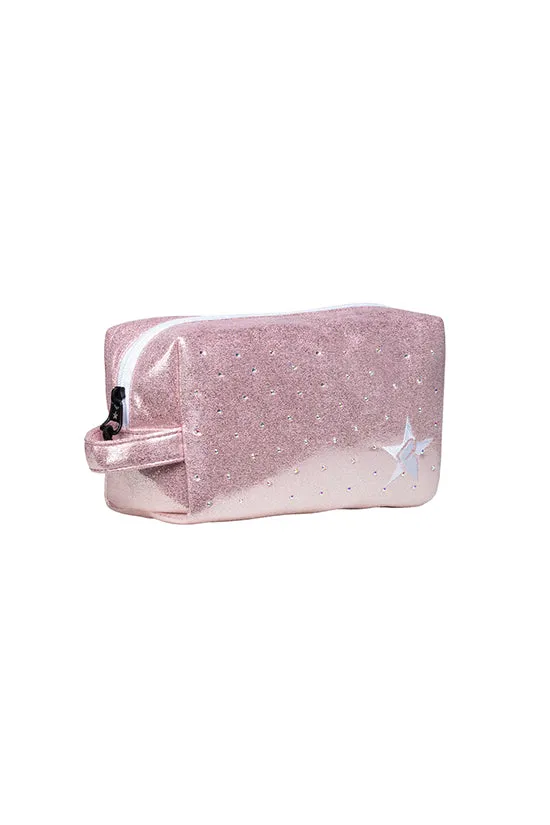 Faux Suede in Pink Champagne with Crystal Scatter Rebel Makeup Bag with White Zipper