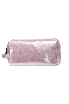 Faux Suede in Pink Champagne with Crystal Scatter Rebel Makeup Bag with White Zipper