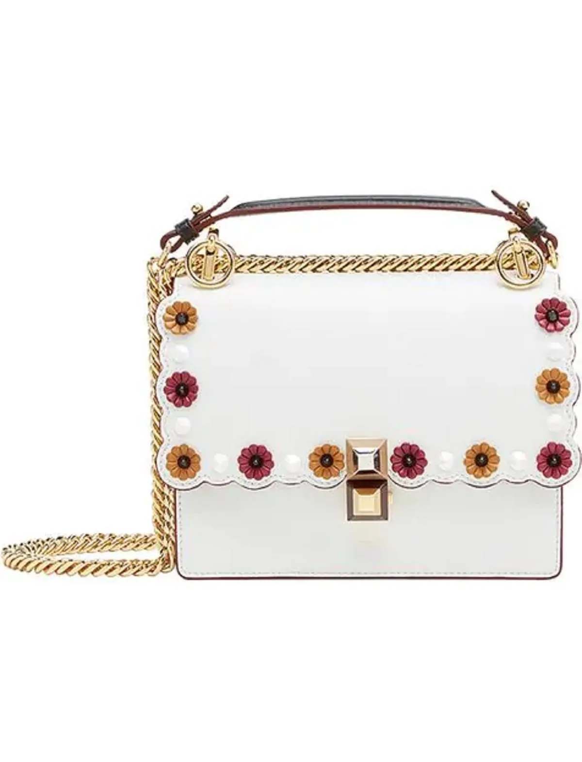 Fendi Kan I White Multi Color Flowers Leather Chain Bag