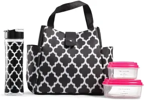 Fit   Fresh Westport Insulated Soft Liner Lunch Bag Kit with Reusable Containers, and Matching Water Bottle, Black & White Ikat Tile