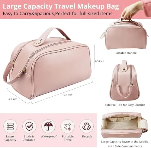 FLYNGO PU Leather Large Makeup Pouch Travel Organizer Cosmetic Bag for Women, Girls Waterproof Makeup Storage Kit (Light Pink)