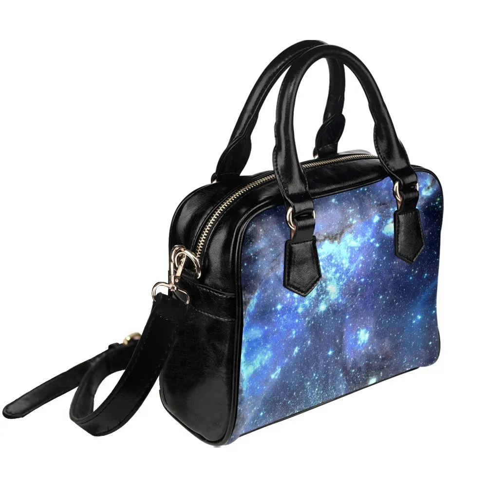 Galaxy Stars Purse, Space Celestial Black Blue Pattern Cute Small Shoulder Zip Bag Vegan Leather Women Designer Ladies Handbag Crossbody