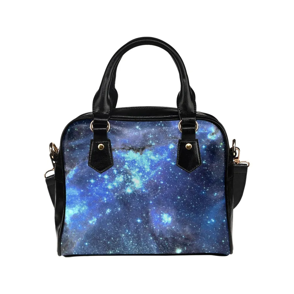 Galaxy Stars Purse, Space Celestial Black Blue Pattern Cute Small Shoulder Zip Bag Vegan Leather Women Designer Ladies Handbag Crossbody