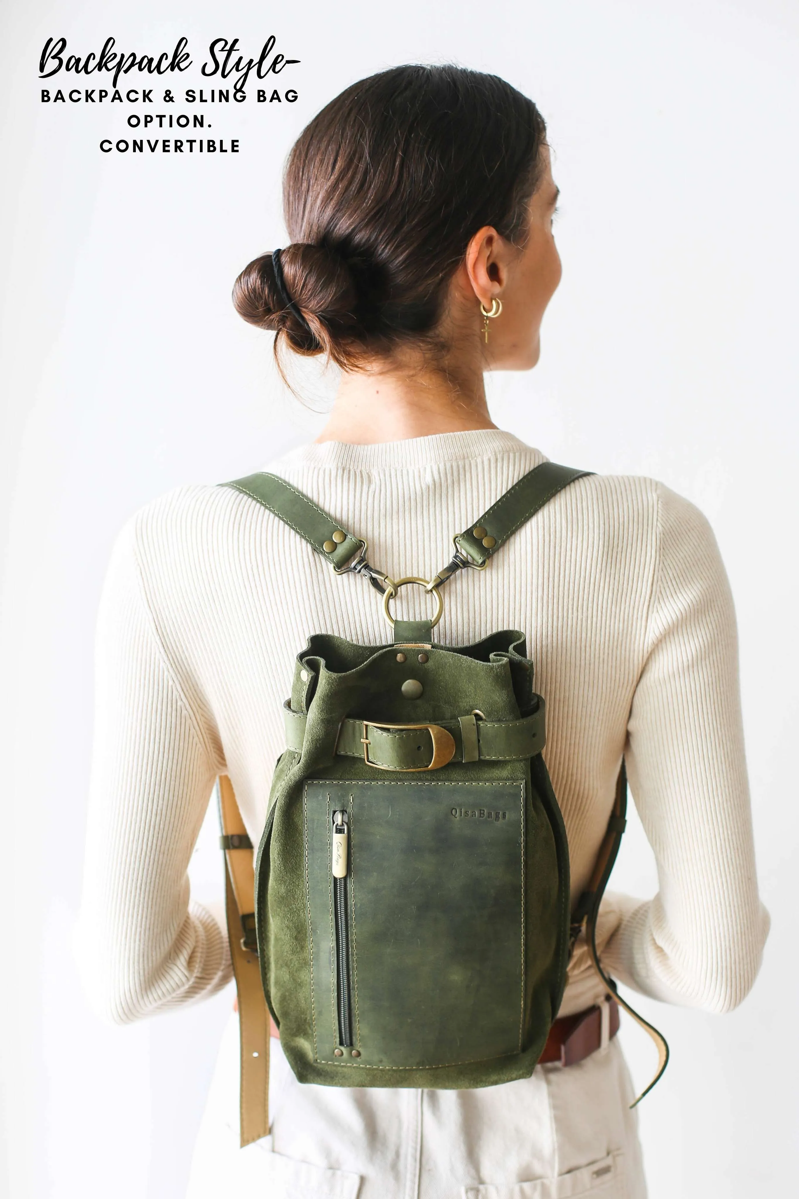 Green Suede Sling Backpack