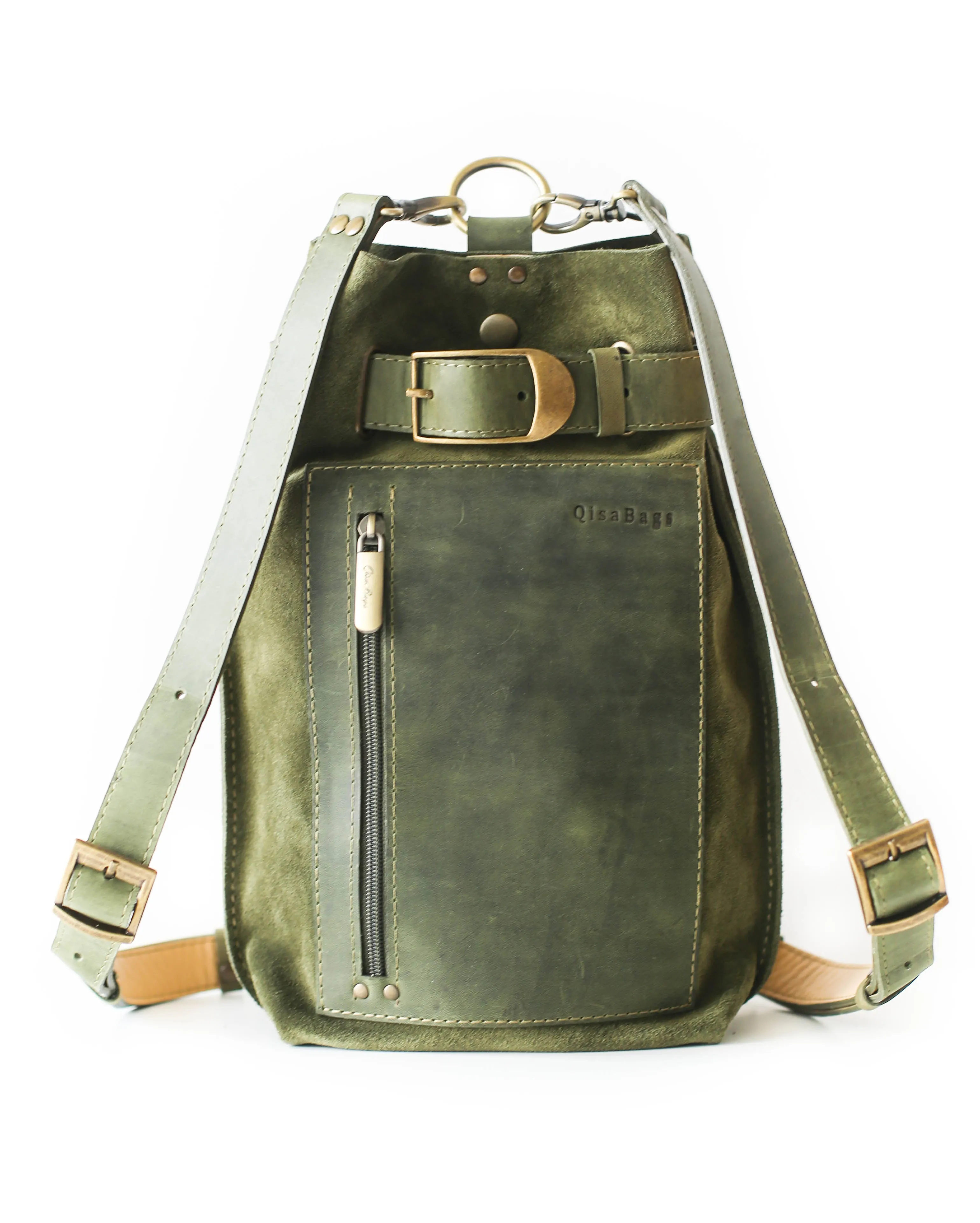 Green Suede Sling Backpack