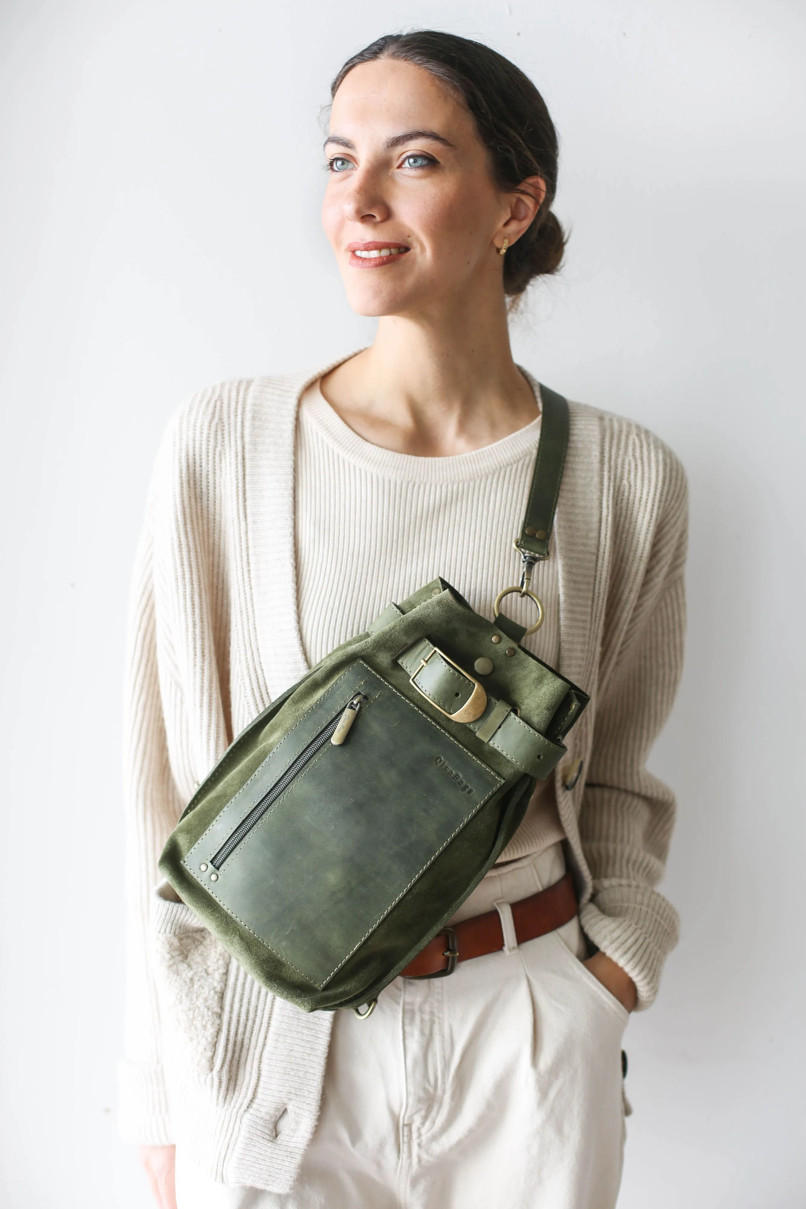 Green Suede Sling Backpack