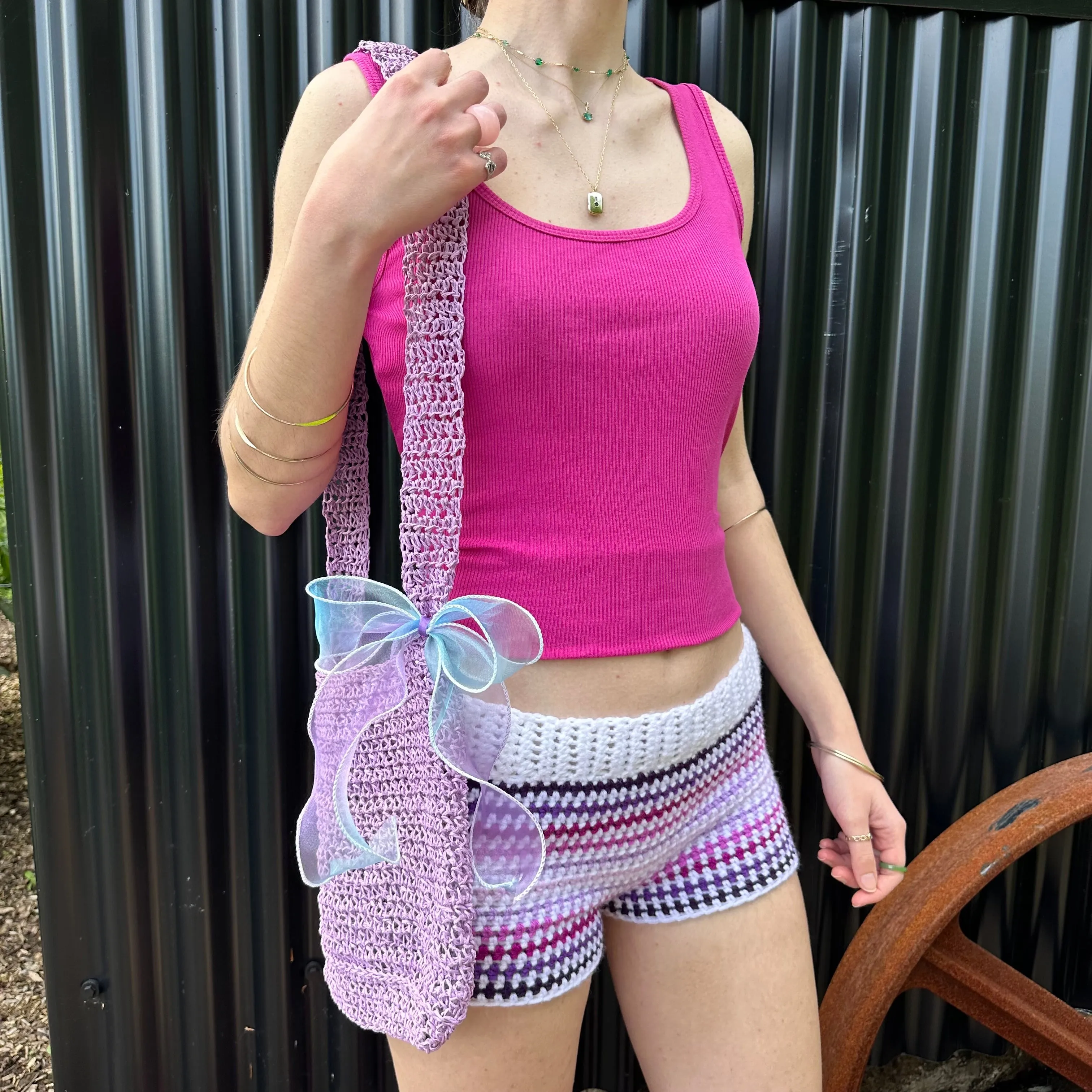 Handmade lilac crochet straw bag with bow - can also be worn crossbody