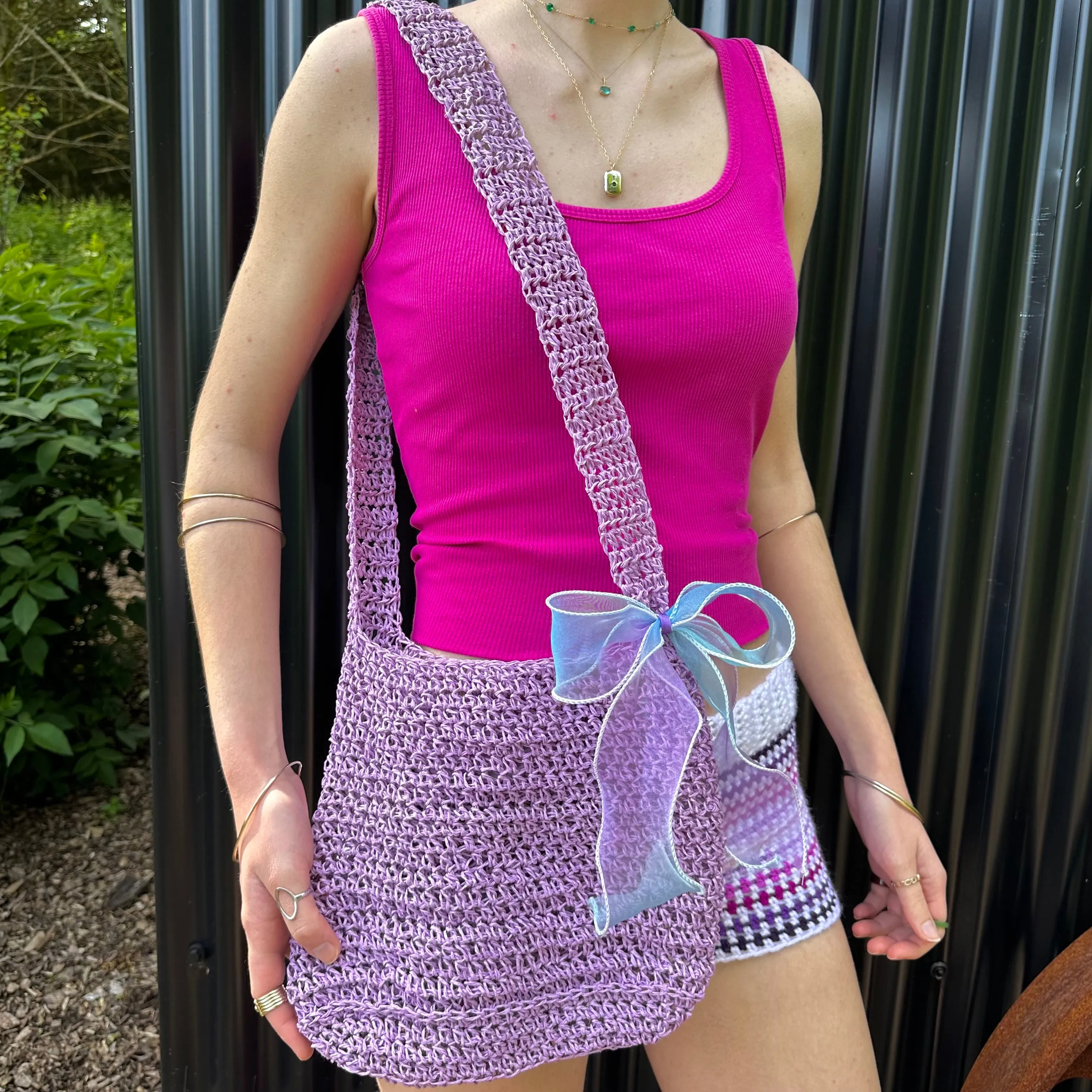 Handmade lilac crochet straw bag with bow - can also be worn crossbody