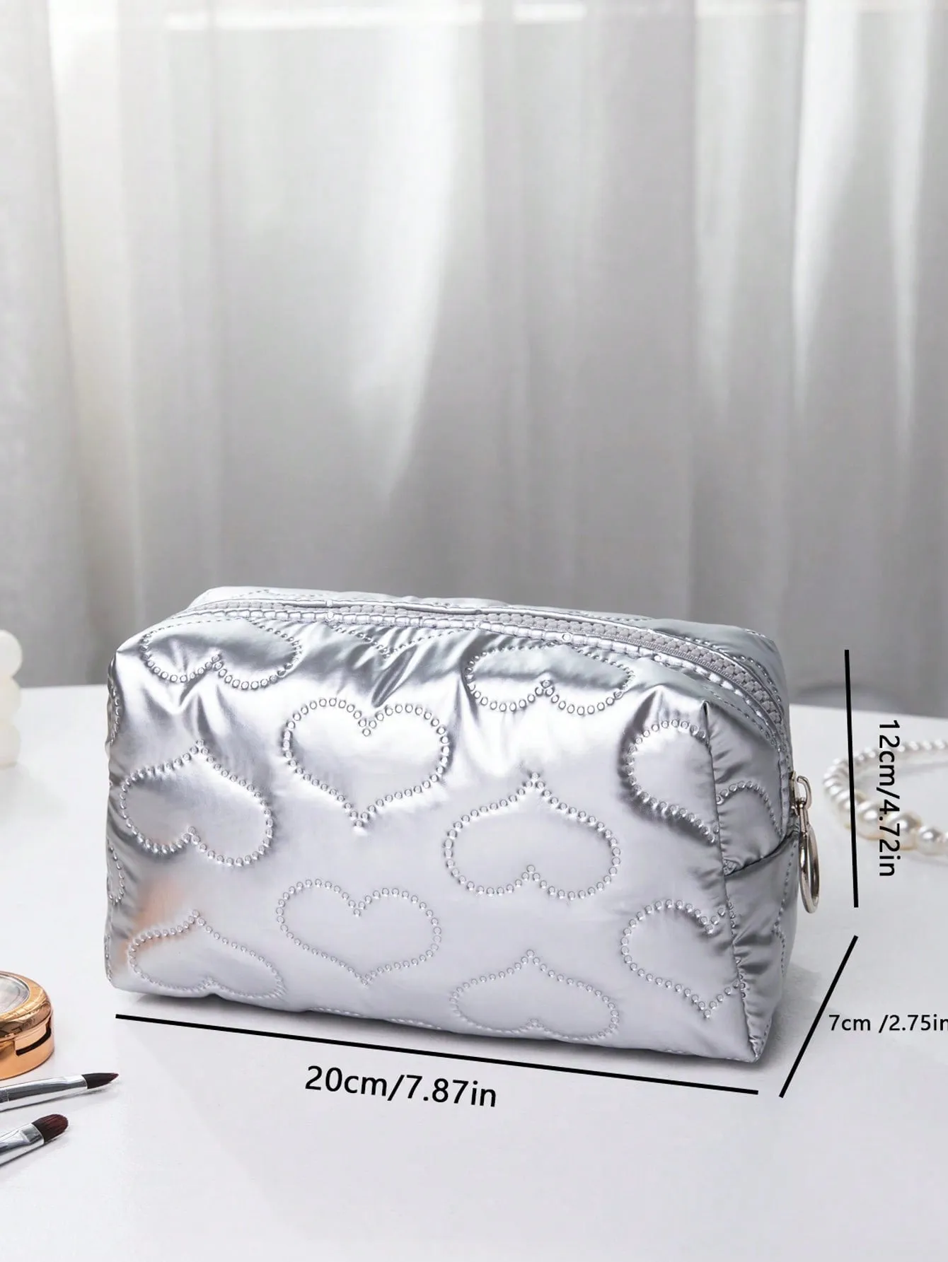 Heart Textured Square Silver Makeup Bag Cosmetic Organizer Toiletries Bag Makeup