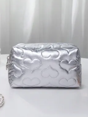 Heart Textured Square Silver Makeup Bag Cosmetic Organizer Toiletries Bag Makeup