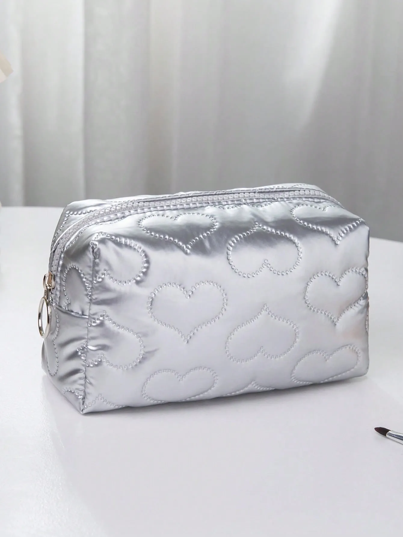 Heart Textured Square Silver Makeup Bag Cosmetic Organizer Toiletries Bag Makeup