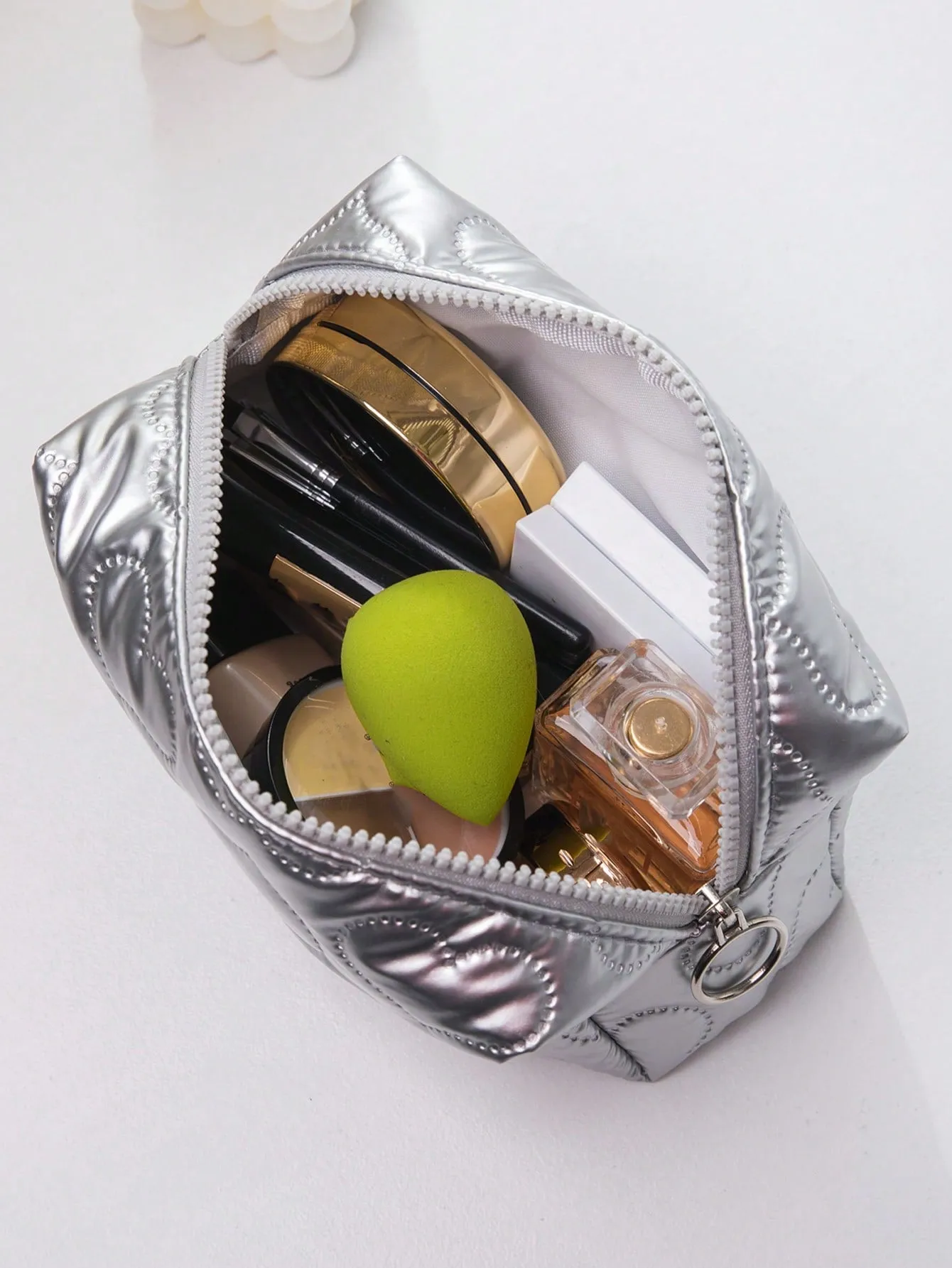 Heart Textured Square Silver Makeup Bag Cosmetic Organizer Toiletries Bag Makeup