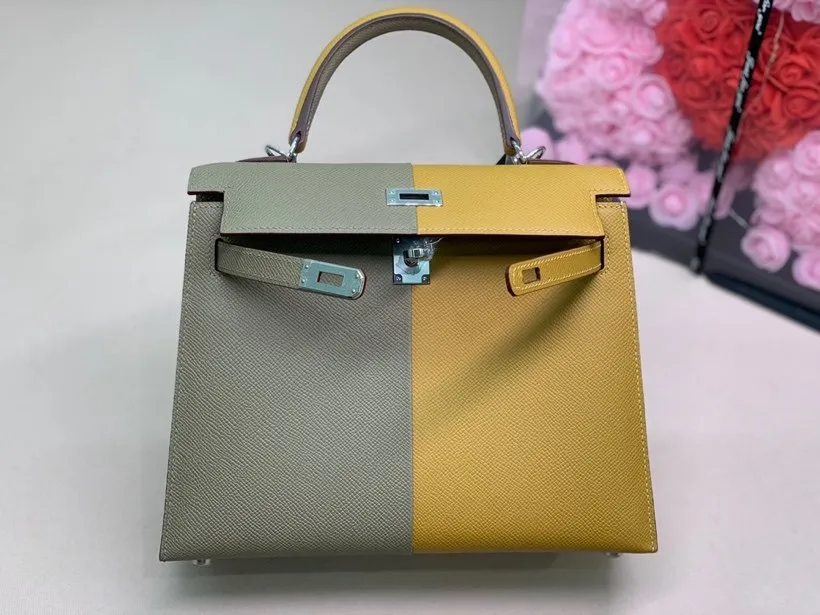 HM Kelly 28 Sellier Epsom Bag Grey/Yellow For Women, Women’s Handbags, Shoulder Bags 11in/28cm