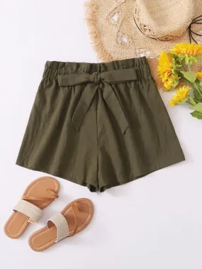 Knotted Paperbag Waist Solid Shorts