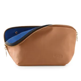 Kusshi Signature Leather Makeup Bag in Camel/Navy