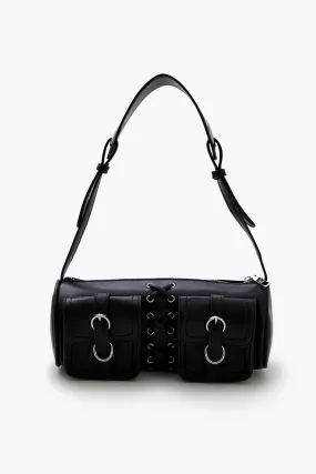 Lace-Up Faux Leather Barrel Bag