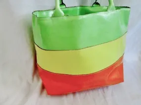 LANCOME Vegan NEW WAVE STRIPED TOTE Carryall Picnic Lunch Beach NEON ACID YELLOW ORANGE GREEN