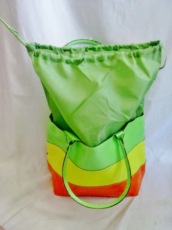 LANCOME Vegan NEW WAVE STRIPED TOTE Carryall Picnic Lunch Beach NEON ACID YELLOW ORANGE GREEN