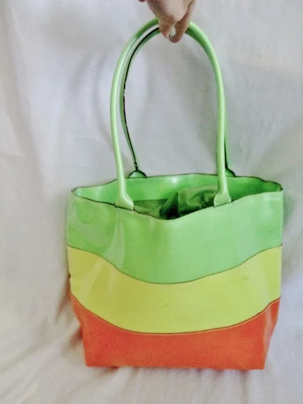 LANCOME Vegan NEW WAVE STRIPED TOTE Carryall Picnic Lunch Beach NEON ACID YELLOW ORANGE GREEN