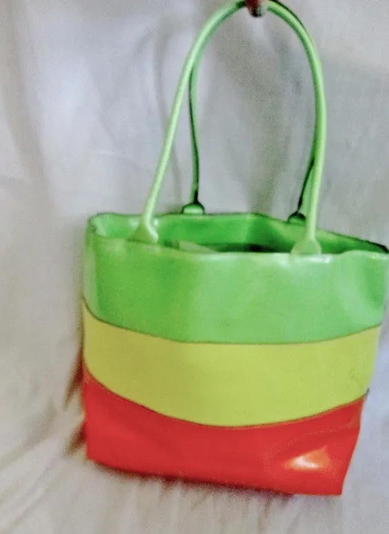 LANCOME Vegan NEW WAVE STRIPED TOTE Carryall Picnic Lunch Beach NEON ACID YELLOW ORANGE GREEN