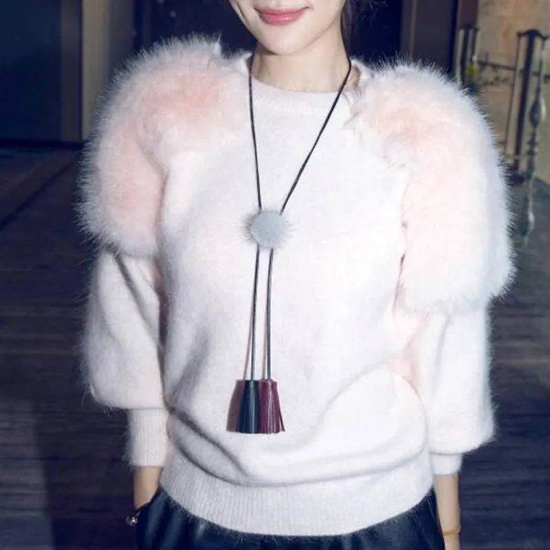 Long Leather Rope Tassel with Mink Fur Necklace