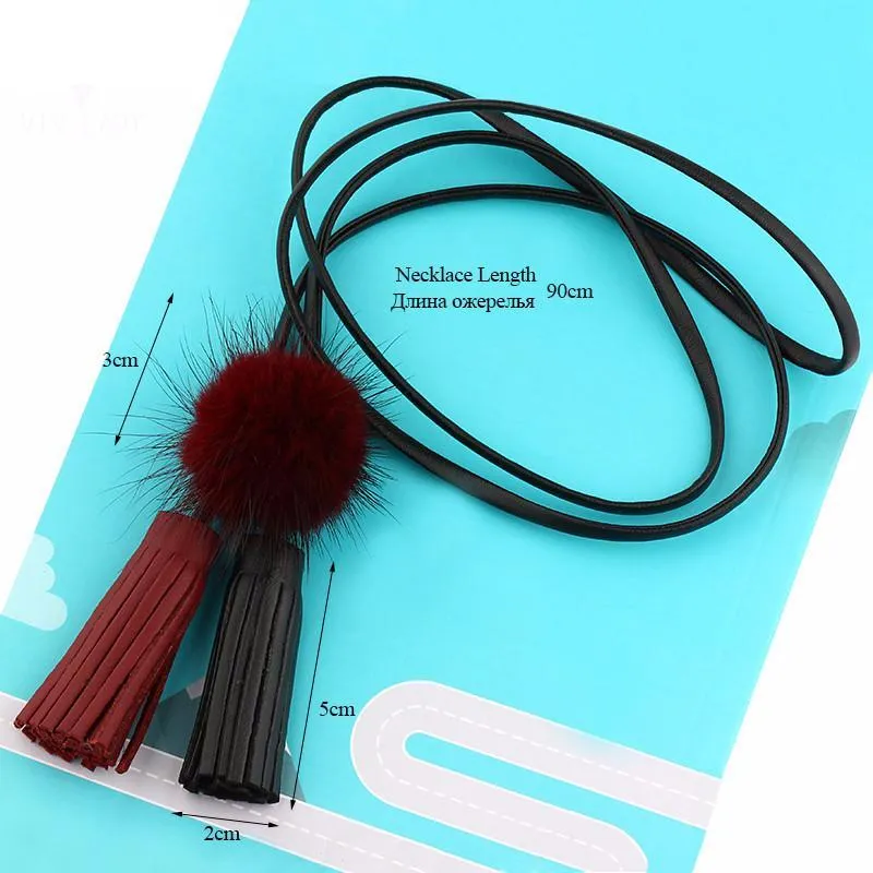 Long Leather Rope Tassel with Mink Fur Necklace