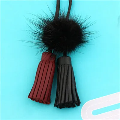 Long Leather Rope Tassel with Mink Fur Necklace