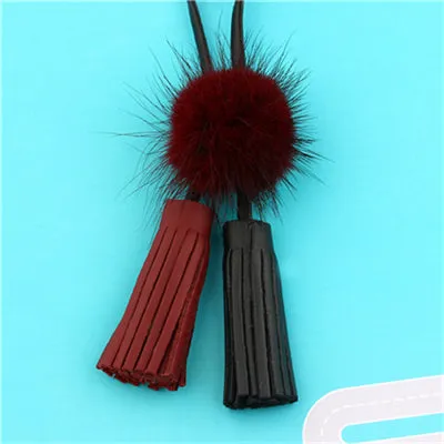 Long Leather Rope Tassel with Mink Fur Necklace