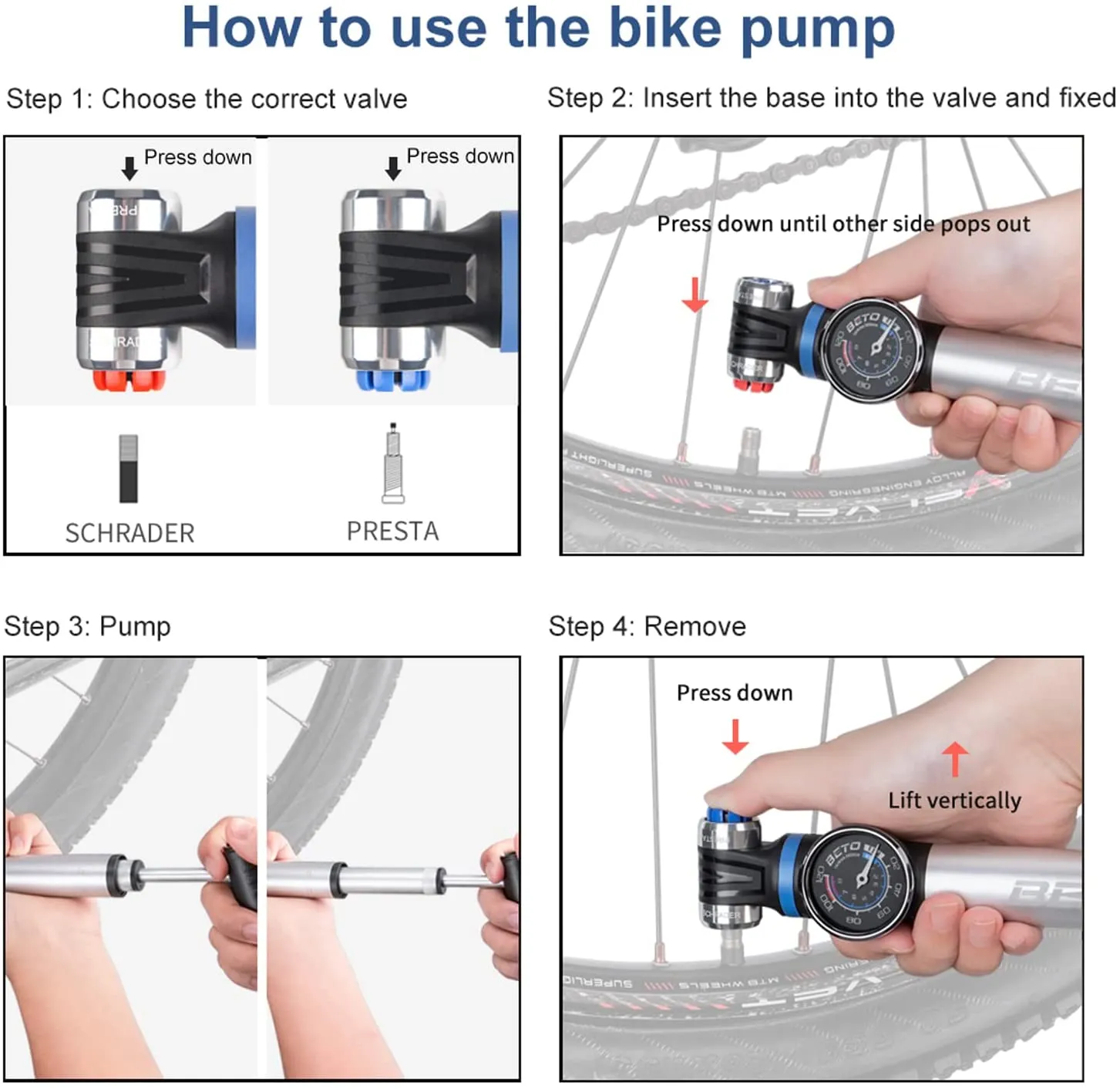 Mini Bike Pump with Gauge - Portable Frame Pump with EZ-Head Fits Schrader/Presta, Foldable T-Handle - Road Mountain MTB BMX Bike Pump