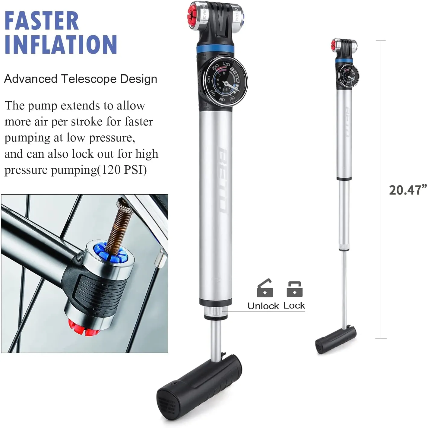 Mini Bike Pump with Gauge - Portable Frame Pump with EZ-Head Fits Schrader/Presta, Foldable T-Handle - Road Mountain MTB BMX Bike Pump