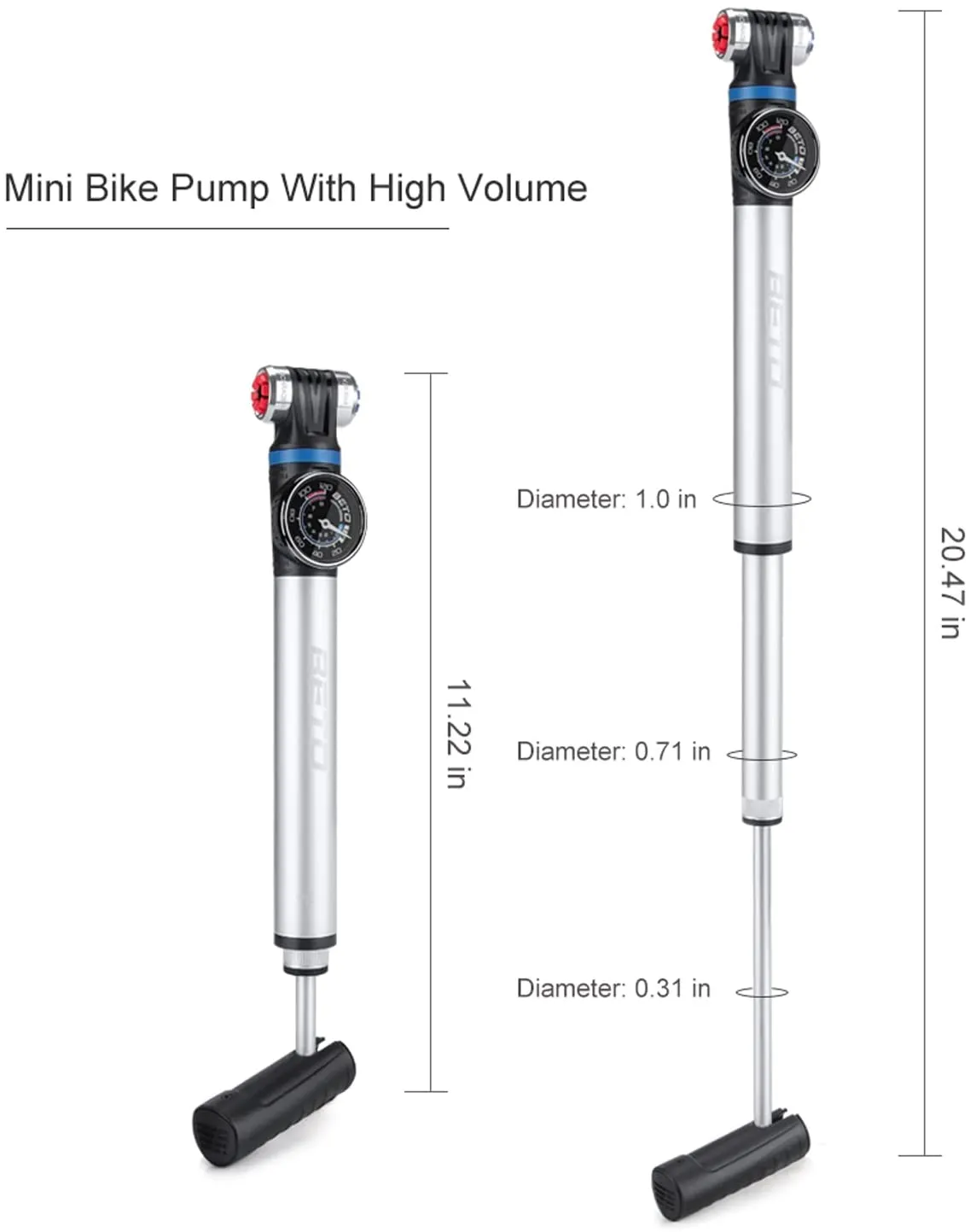 Mini Bike Pump with Gauge - Portable Frame Pump with EZ-Head Fits Schrader/Presta, Foldable T-Handle - Road Mountain MTB BMX Bike Pump