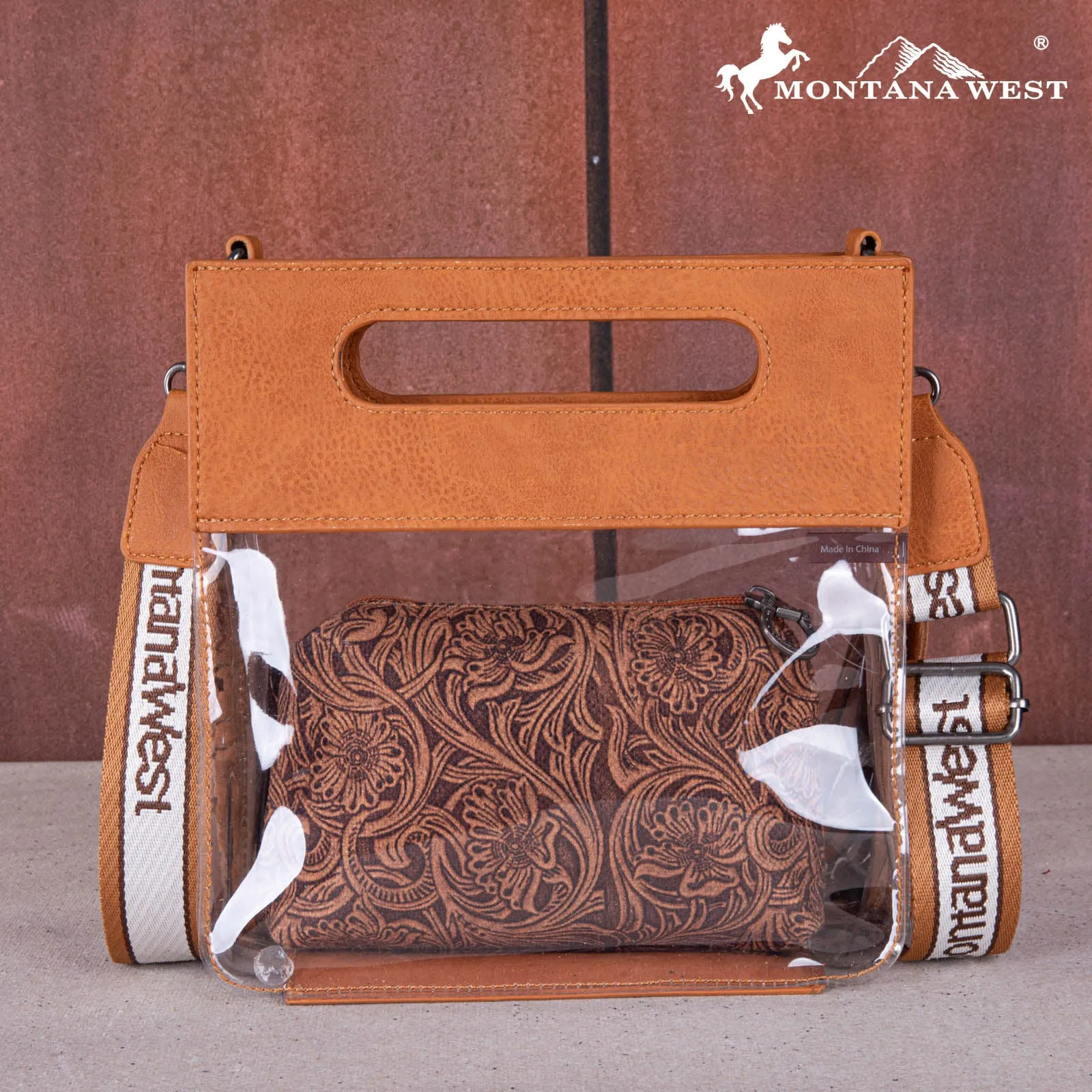 MW1251-199  Montana West Western Fringe Stadium Clear Crossbody Bag with Detachable Pouch - Light Brown