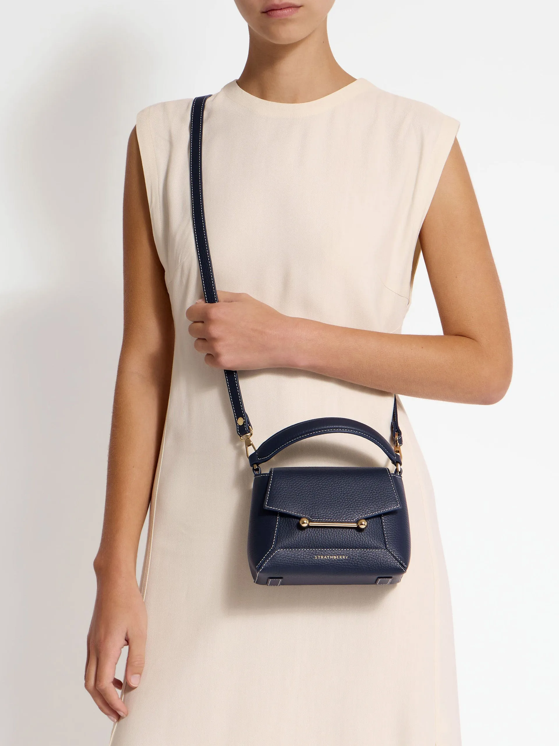 Navy with vanilla stitch mosaic nano bag