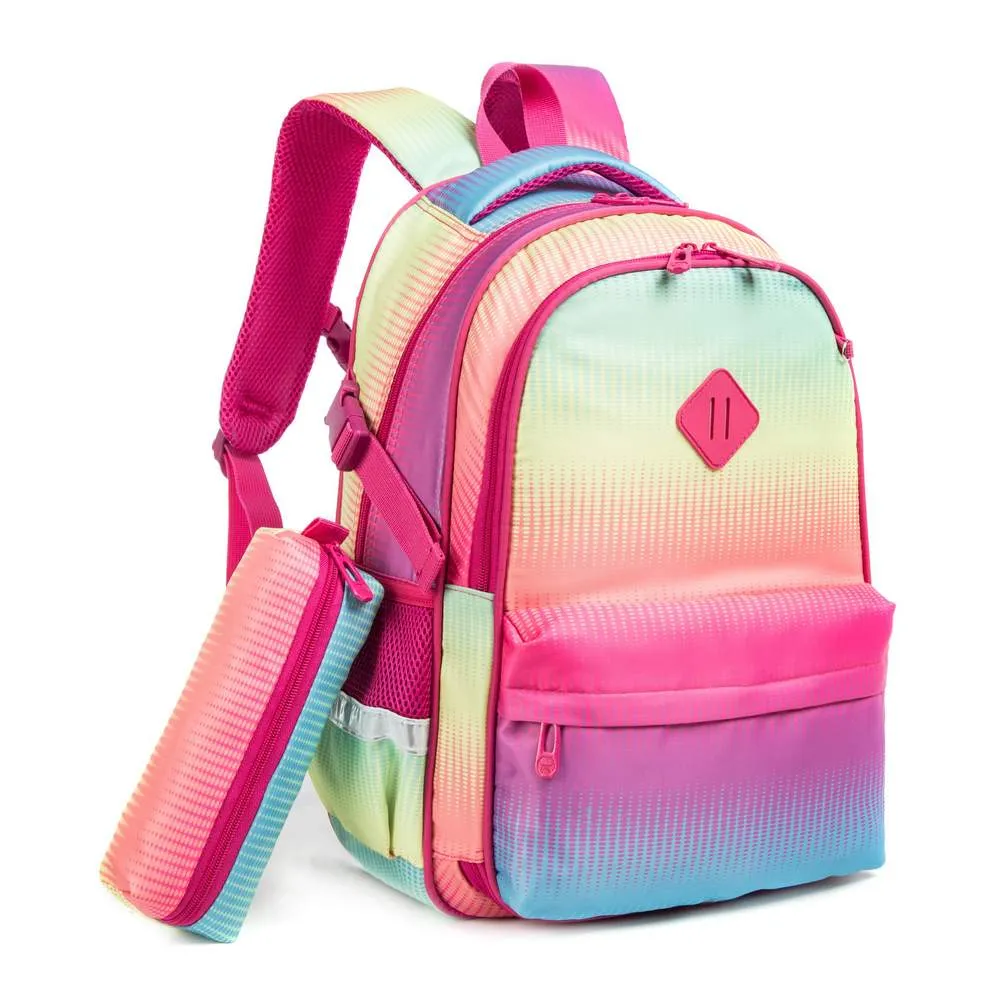 (NET) Rainbow Children's Backpack Insulated Lunch Box Light Pencil Holder Set Of 3 Pcs