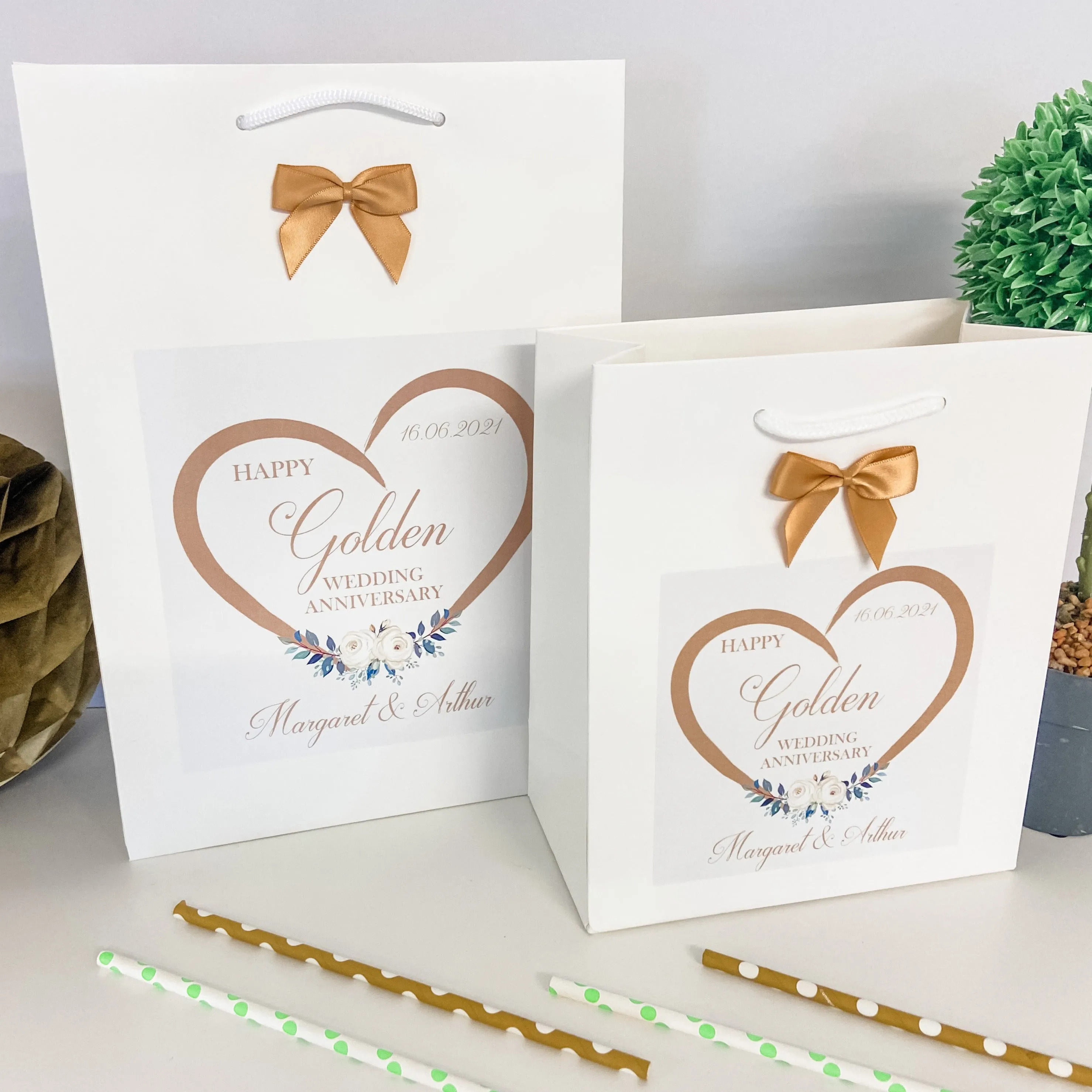 Personalised Anniversary Gift Bag Golden Wedding Floral Heart