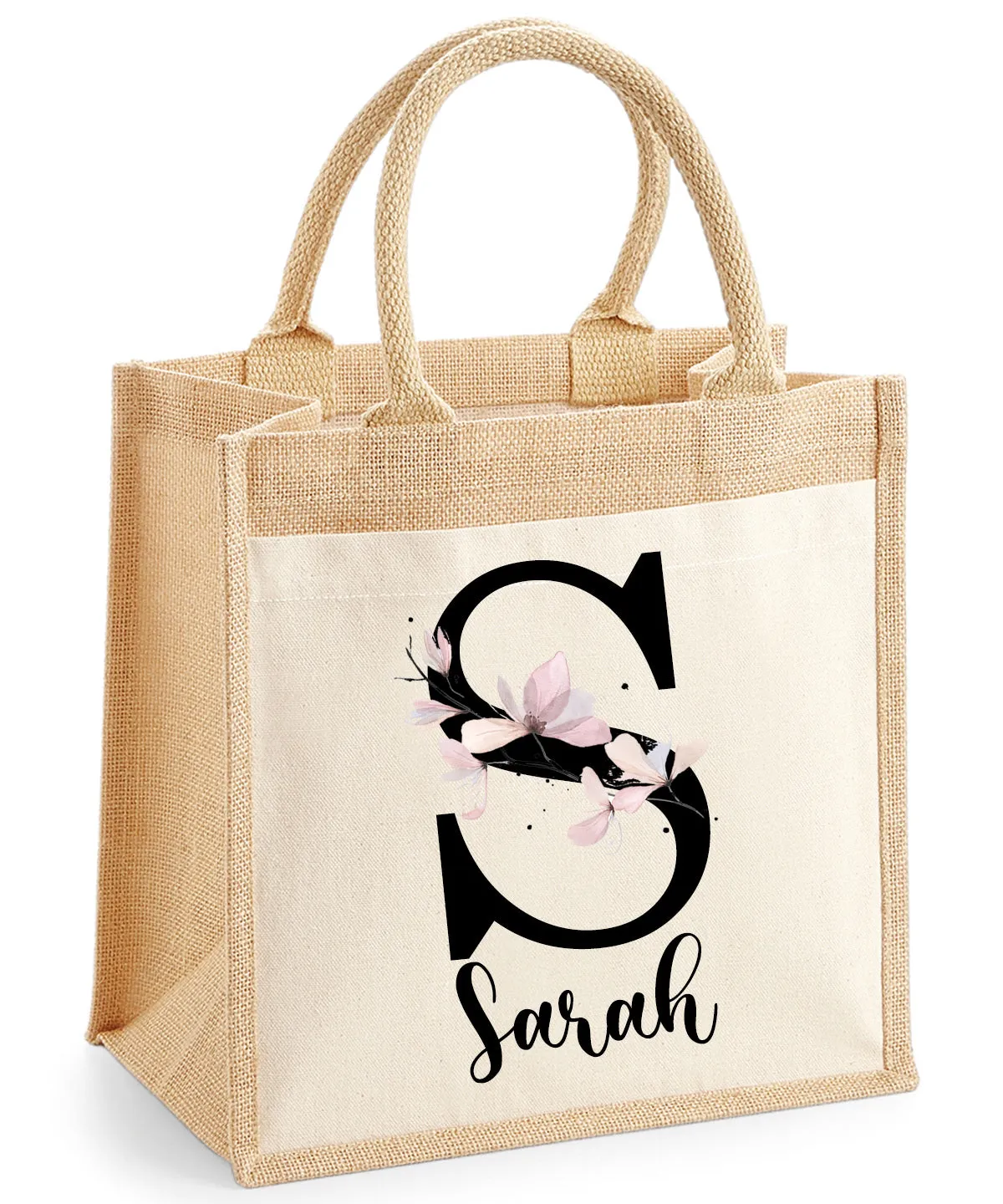 Personalised Floral Initial & Name Jute Bag with linen front pocket