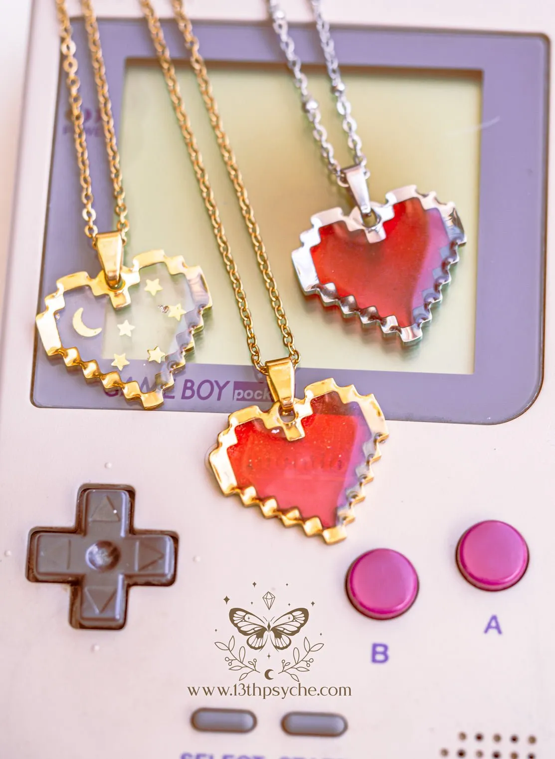 Pixel heart necklace, Moon and stars heart pendant necklace